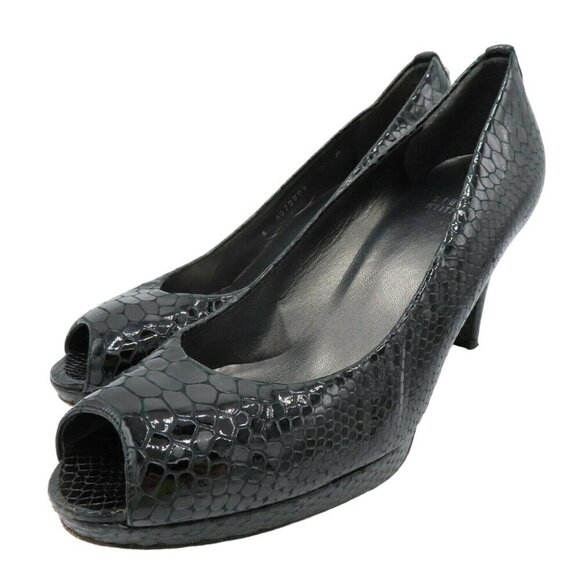 Stuart Weitzman Women 8 M Black Patent Snakeskin Leather 4079808 Peep Toe Heels - Picture 1 of 11